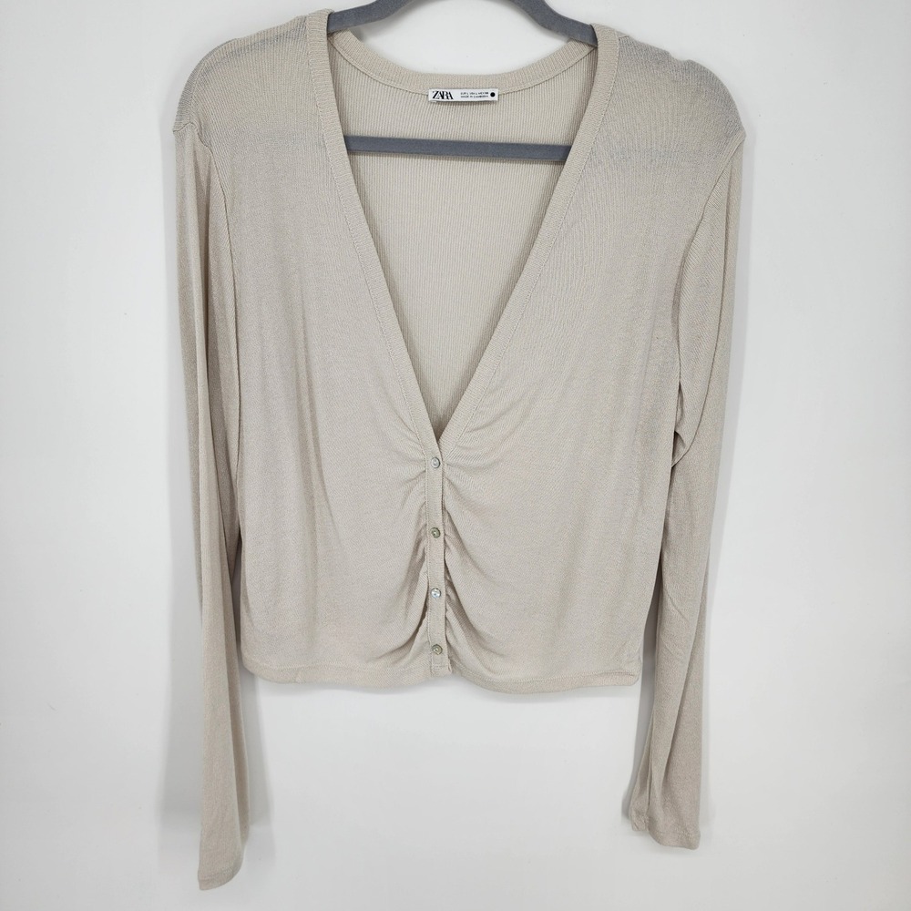 Zara Ruched Button Front Cardigan Sweater Womens L Beige V-Neck Lightweight Knit